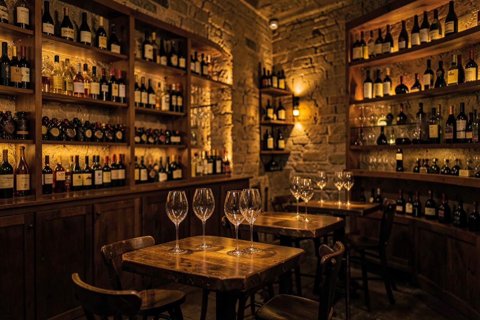 La sala dell'enoteca Il Calice a Verona, con le bottiglie alle pareti