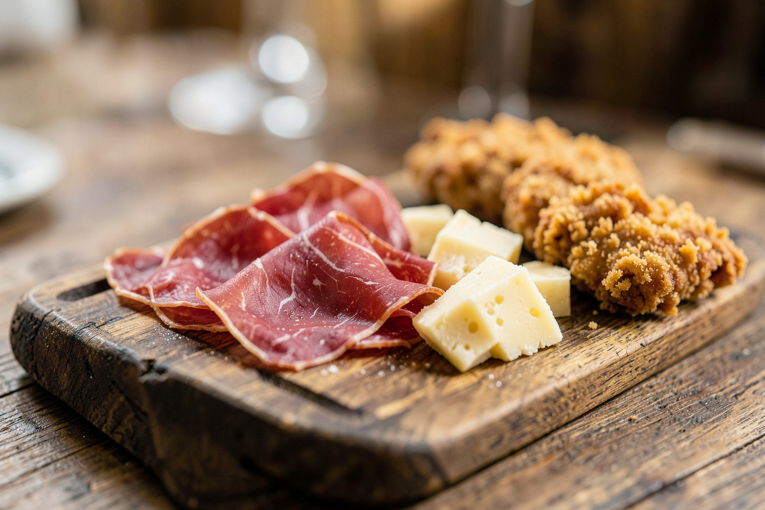 Tagliere di legno con salumi affettati e scaglie di formaggio stagionato